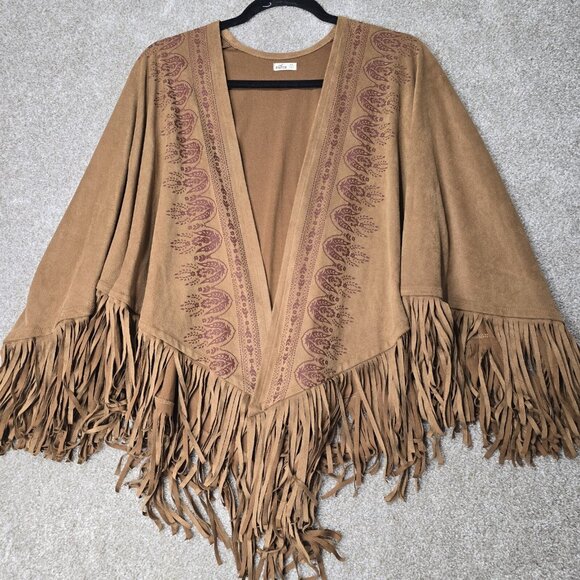 Hollister Vegan Suede Fringe Poncho Jacket Boho Western Women's M/L Oversized - Picture 1 of 8